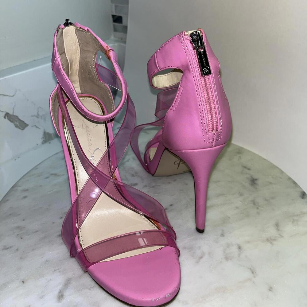 Jessica Simpson Pink High Heel Sandals Size 5.5 Clear Straps Zip Back Stiletto